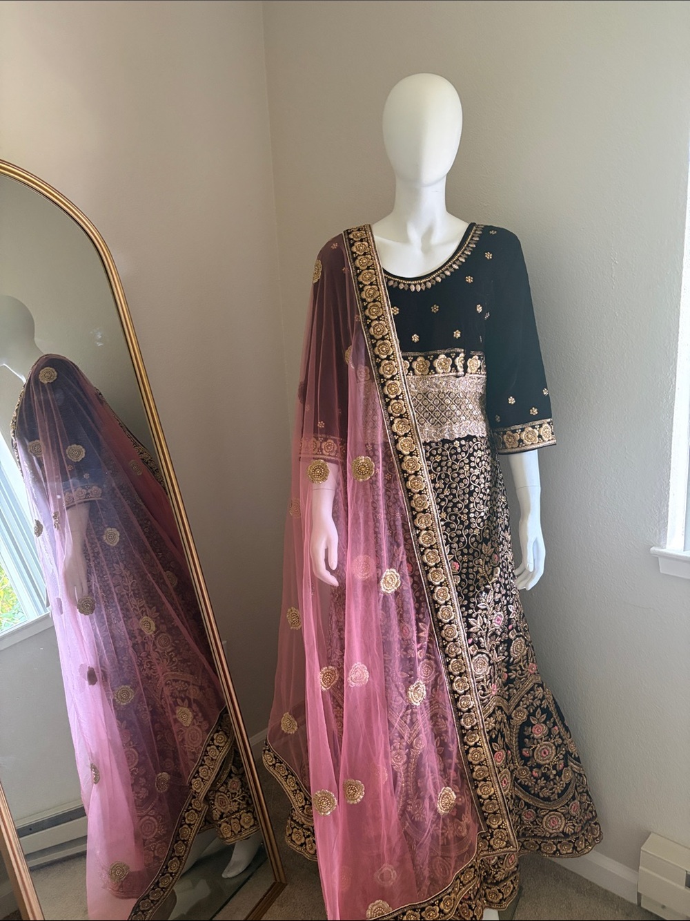 Embroidered maroon & Pink Lehenga with Gold Accents